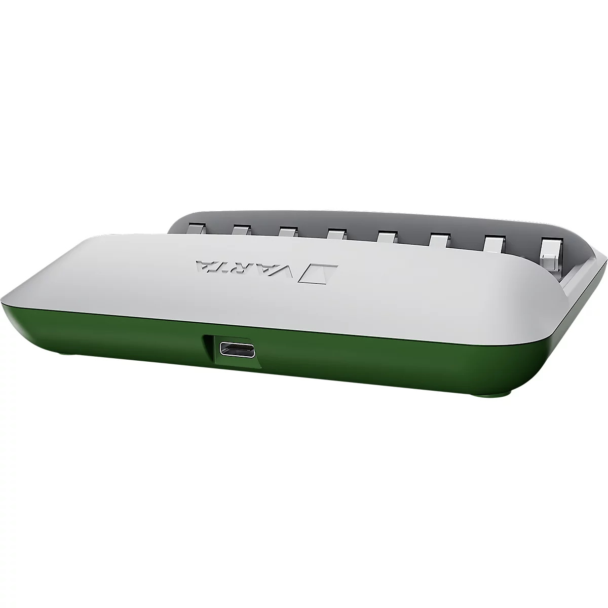 Grünes und weißes Ladegerät mit der Aufschrift Varta. Darunter ein USB-Anschluss. Der obere Teil ist aufgeklappt.