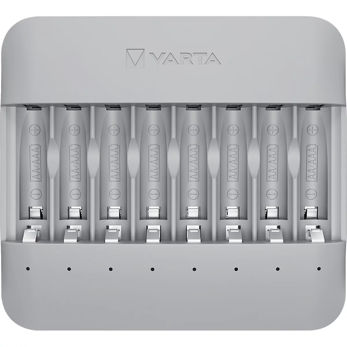 Graues Ladegerät für acht AAA-Batterien mit VARTA-Logo. Jede Batterie hat eine Halterung.
