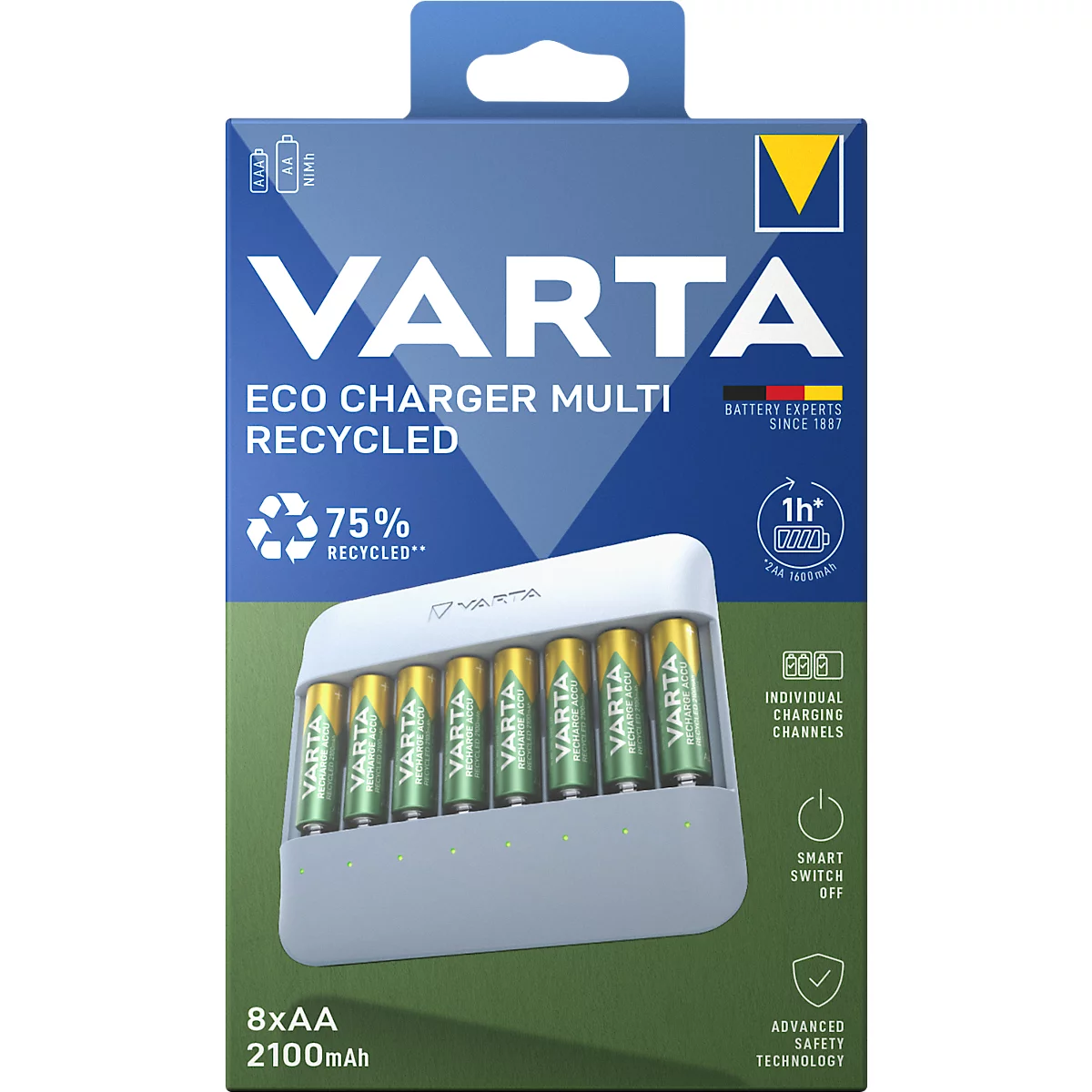 VARTA Eco Charger mit 8 AA Batterien, 75% recycelt, 2100 mAh. Aufdrucke: 'Individual Charging Channels', 'Smart Switch Off'.