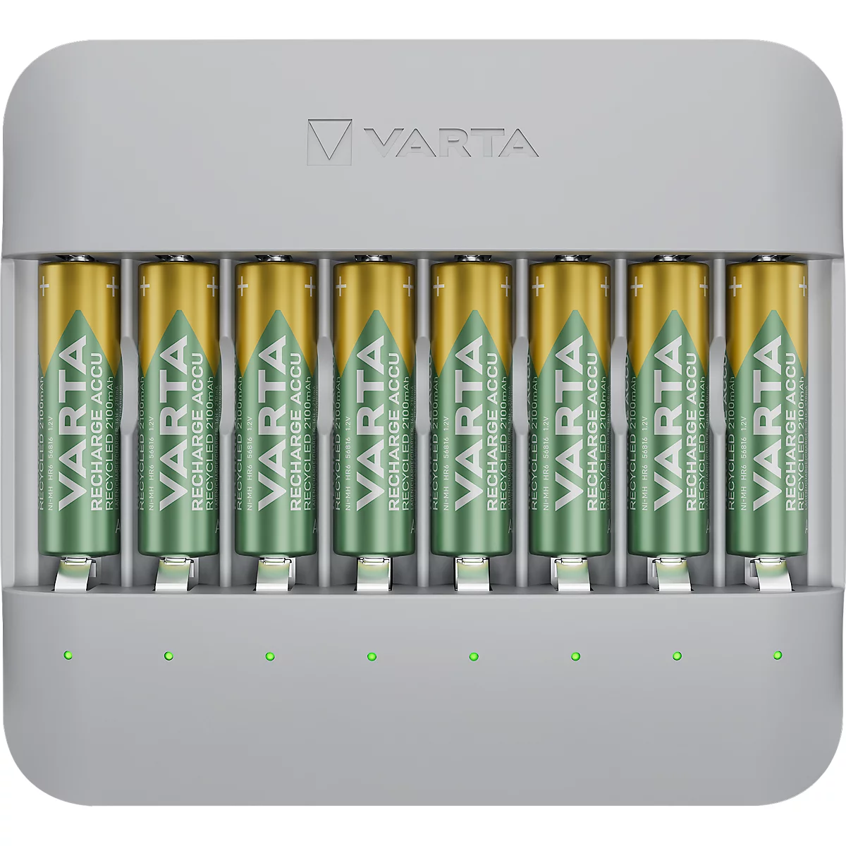 Grauer VARTA-Akku-Ladegerät mit acht Akkus. Die Akkus haben eine grüne und goldfarbene Beschriftung mit dem Schriftzug "VARTA RECHARGE ACCU".