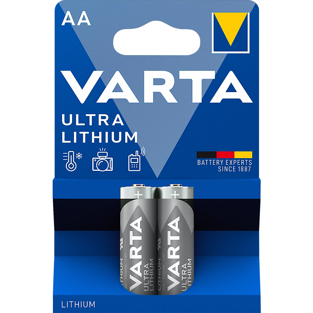Zwei graue AA-Batterien in einer Verpackung mit dem Schriftzug VARTA Ultra Lithium.