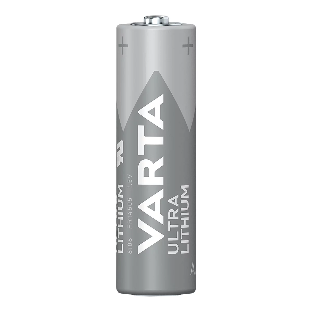Graue Varta Ultra Lithium Batterie. Aufschrift: Lithium, Varta, Ultra Lithium, 1,5 V.