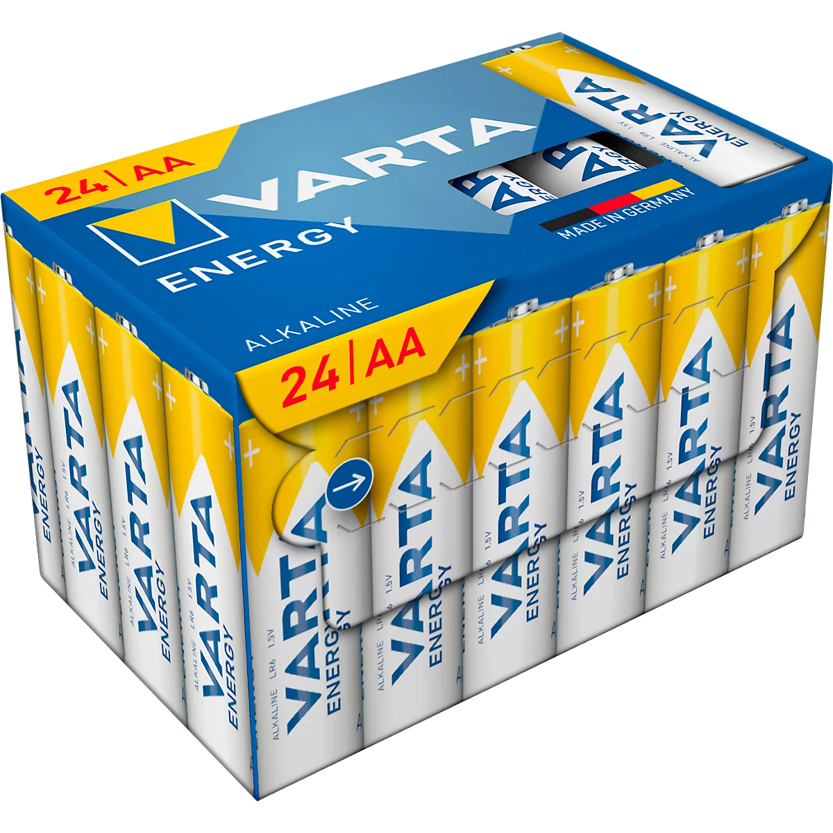 Ein Karton mit Batterien der Marke Varta. Die Verpackung ist blau und gelb, mit weißen Batterien, auf denen der Markenname steht. Aufschrift: 24 AA.