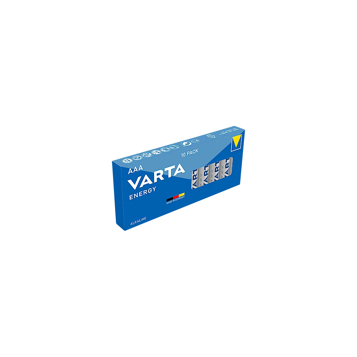 Blue battery pack of AAA Varta Energy batteries. Partially visible, lettering, pack of 10.