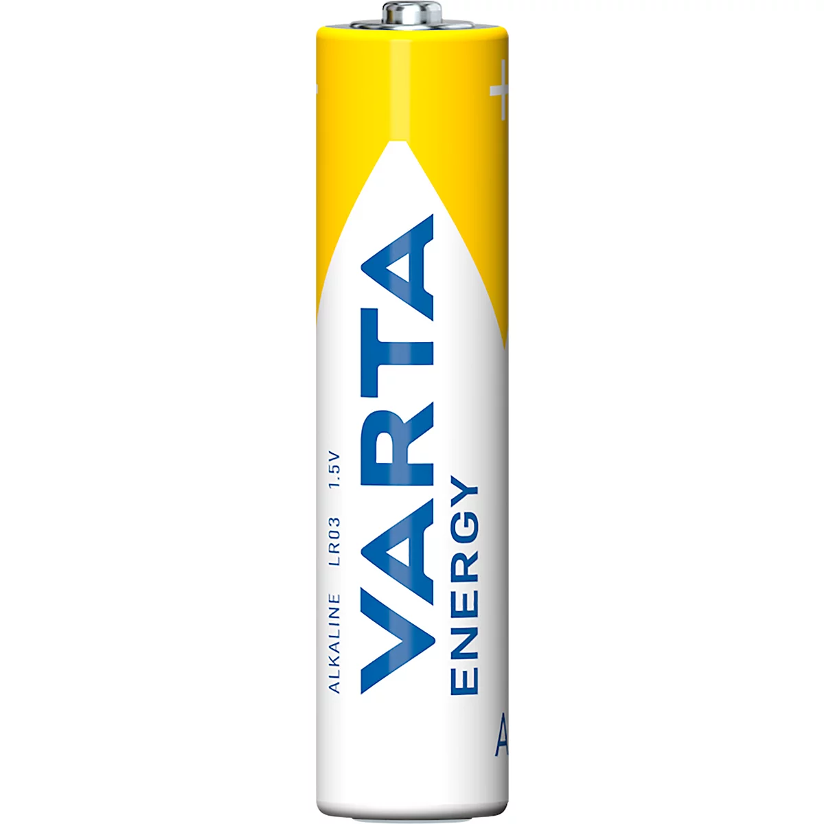 A Varta Energy battery. It is yellow and white with a blue logo and the inscription 'Varta Energy'.