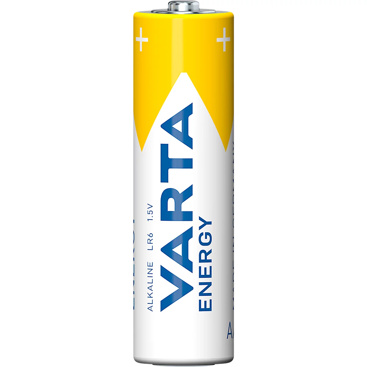 A Varta AA battery with a yellow top, white body, and blue lettering.