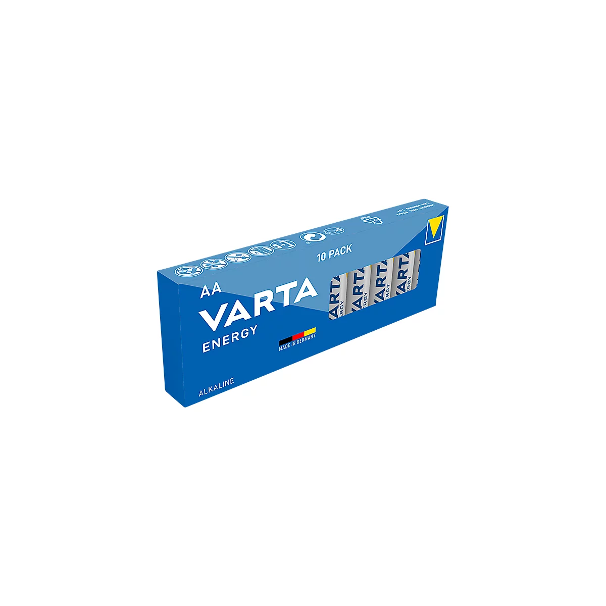 Blue box of Varta Energy AA batteries. 10 pack. Batteries are visible.