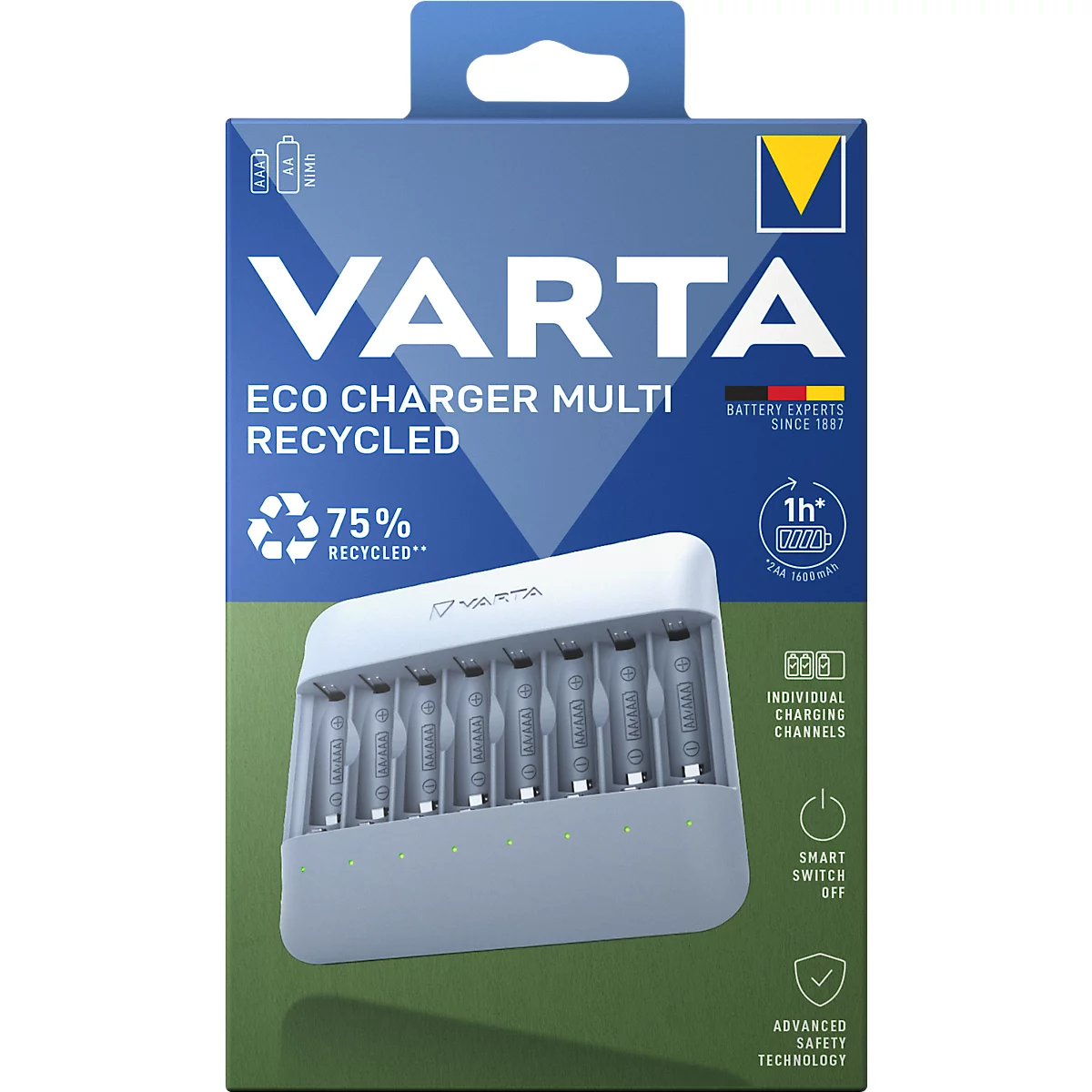 VARTA Eco Charger Multi with batteries. 75% recycled. Individual charging bays and smart switch off.