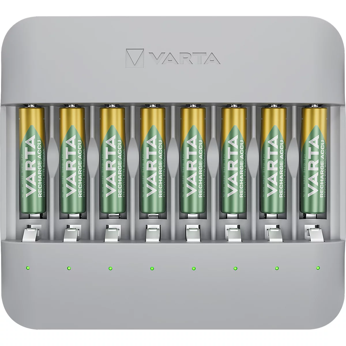 Grey charging station with seven inserted batteries. The batteries have green and gold colors, the charging station shows green lights.
