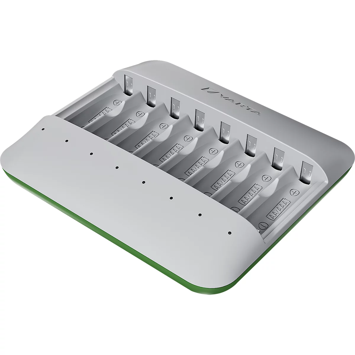 A white-gray battery charger with green accents and eight slots.
