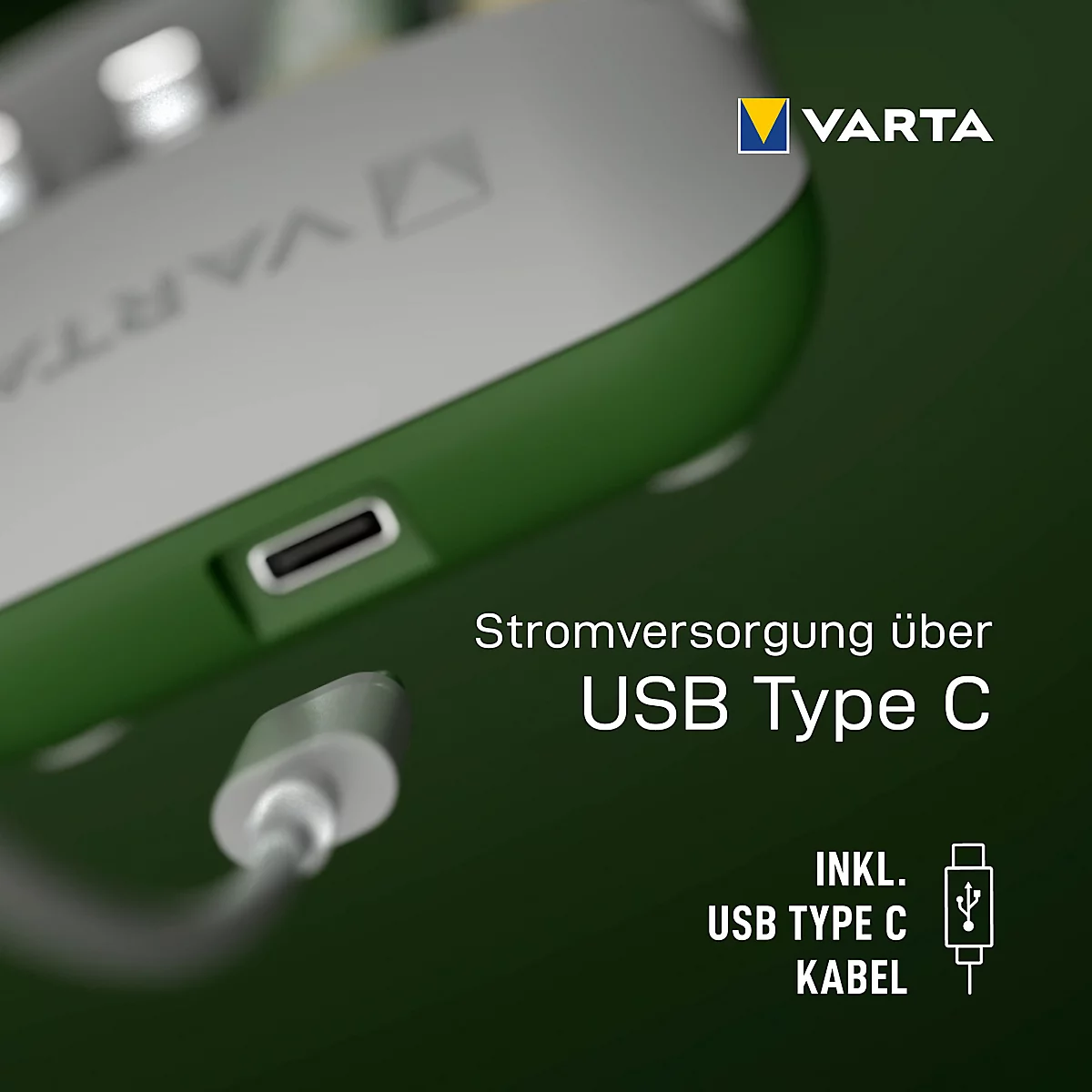 Detailed close-up of a green and gray charger with a USB-C port. Text: Power via USB Type C.