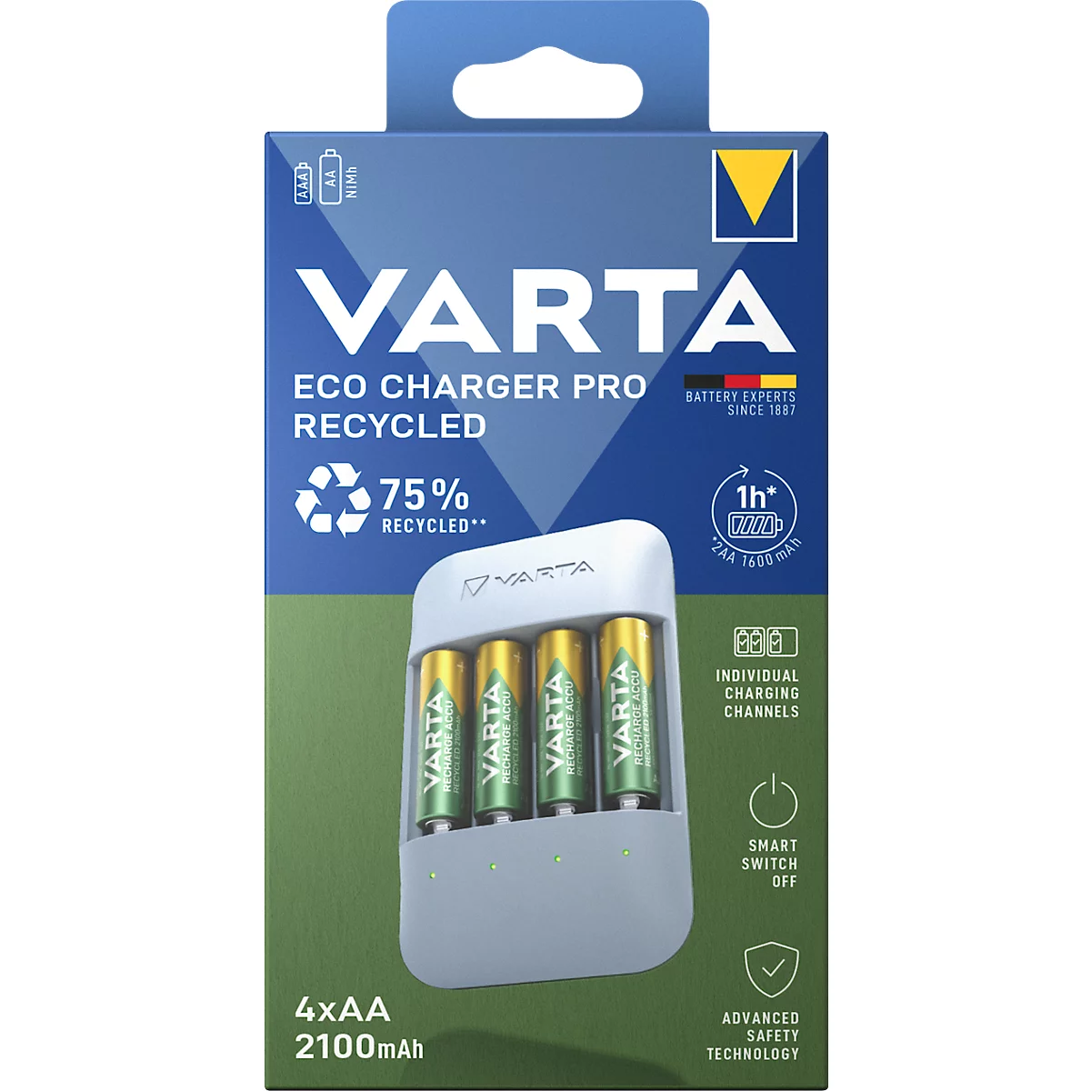 Product packaging with a battery charger and four AA batteries. The text "VARTA" and other product features are printed on it.