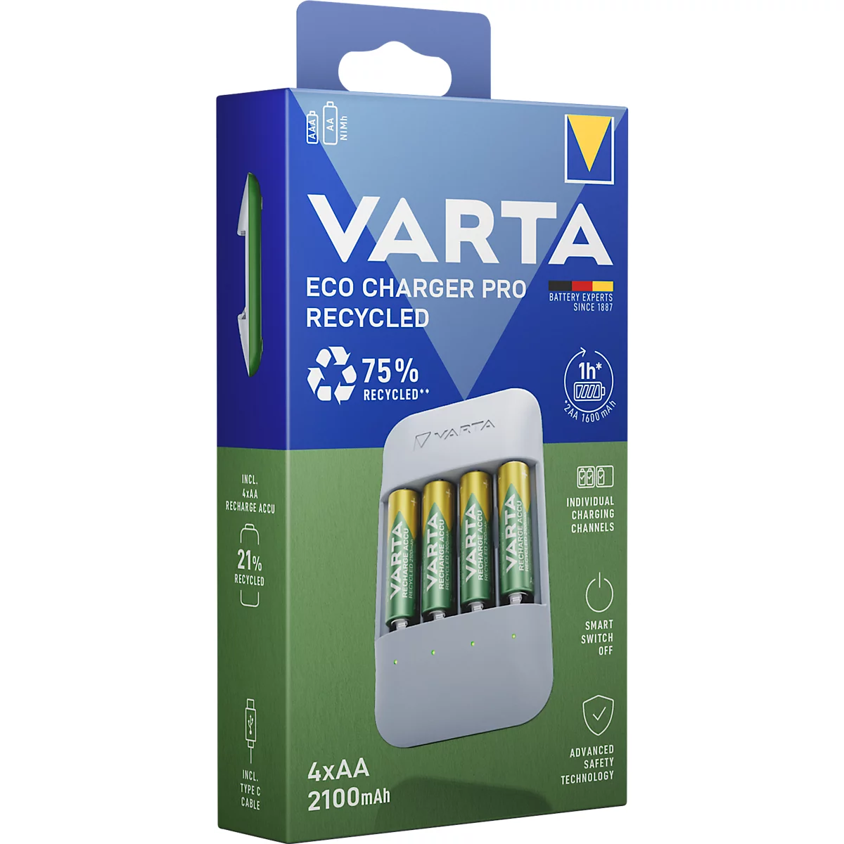 Varta Eco Charger Pro, packaging with batteries and charger. Printed: 75% recycled, 4xAA 2100mAh.