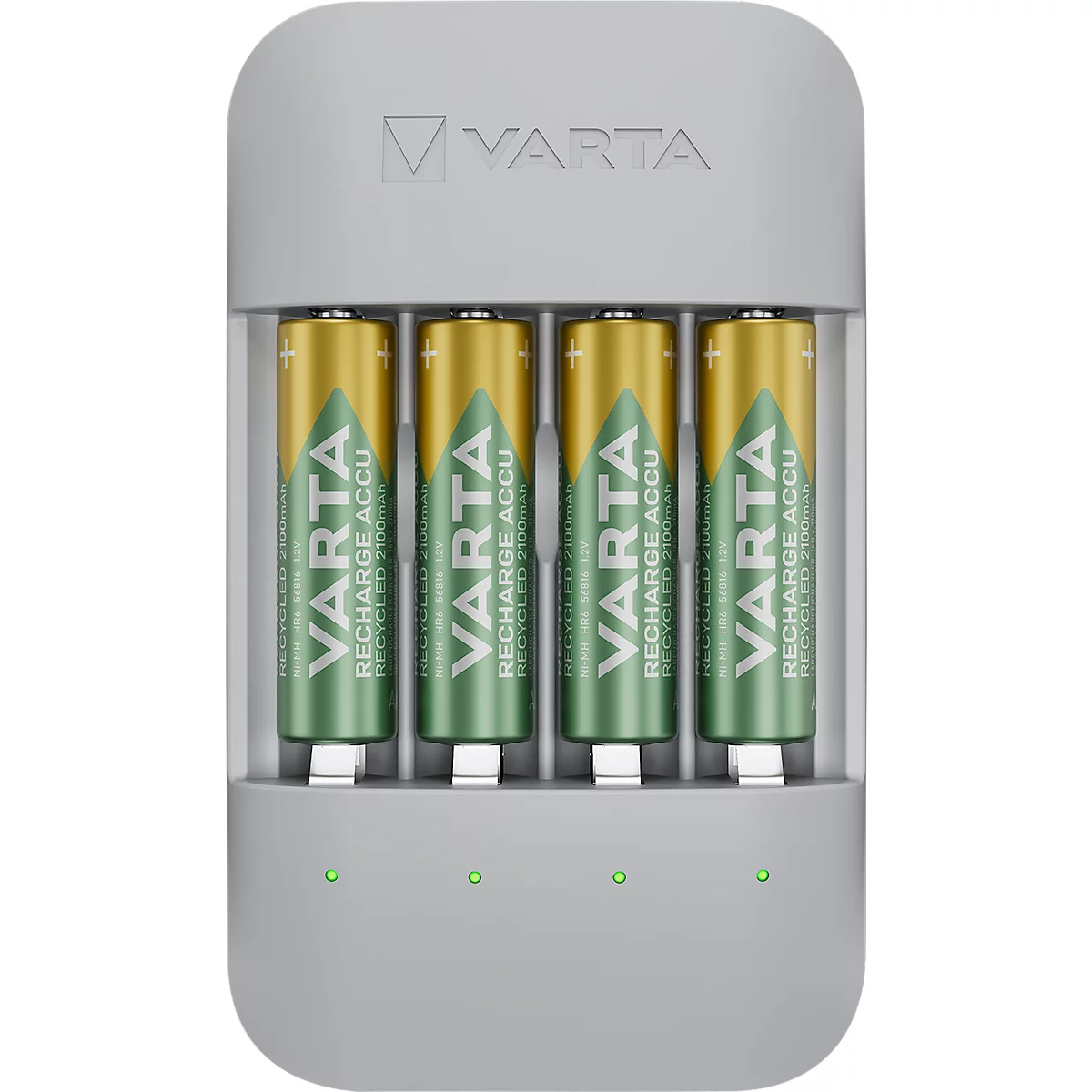 Grey battery charger with four AA batteries from VARTA. The batteries are in the charger; green lights are on below.