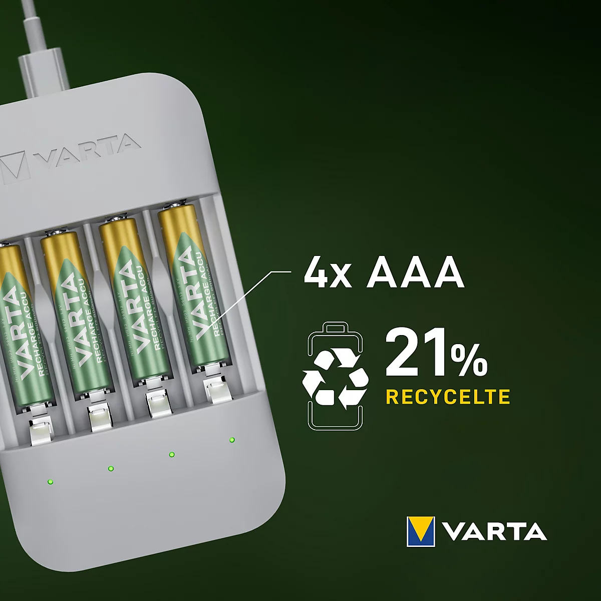 Grey charger with four AAA batteries. Inscription: 4x AAA, 21% recycled. Logo of Varta.