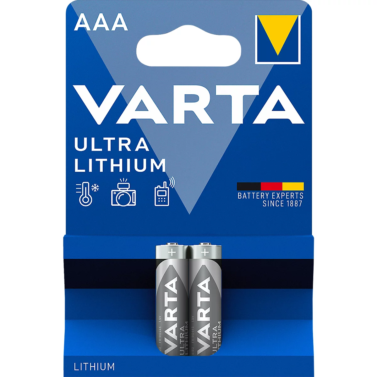 Two grey AAA batteries, VARTA Ultra Lithium. Blue packaging: Logo, text, and pictograms.