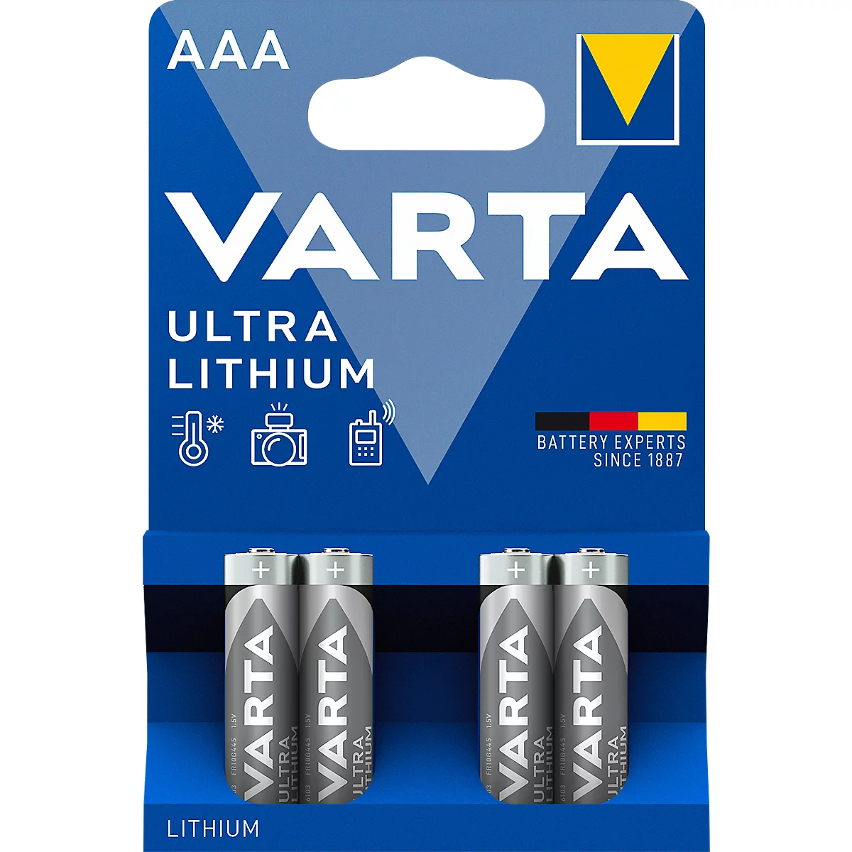 Blue and silver battery pack with VARTA logo and batteries. Logo in the top right, with "Ultra Lithium" underneath.