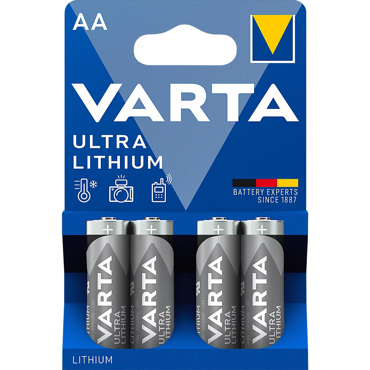 A package of AA batteries from Varta Ultra Lithium, four batteries visible. The blue background bears the brand name and product name.