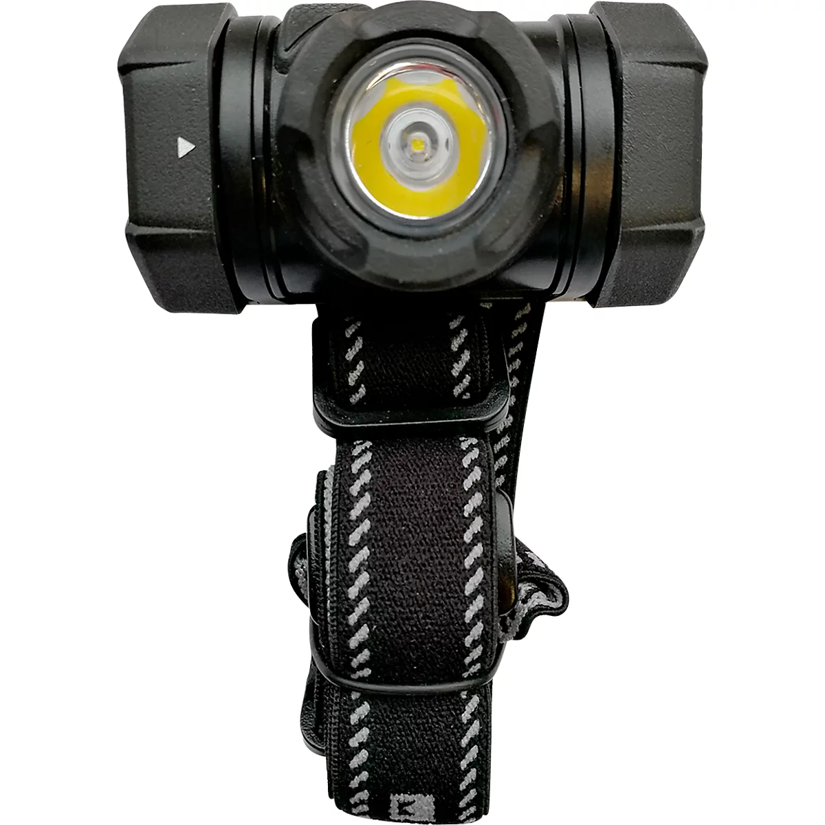 Black headlamp with white light and headband. The light is round, the band with gray-white stripes.