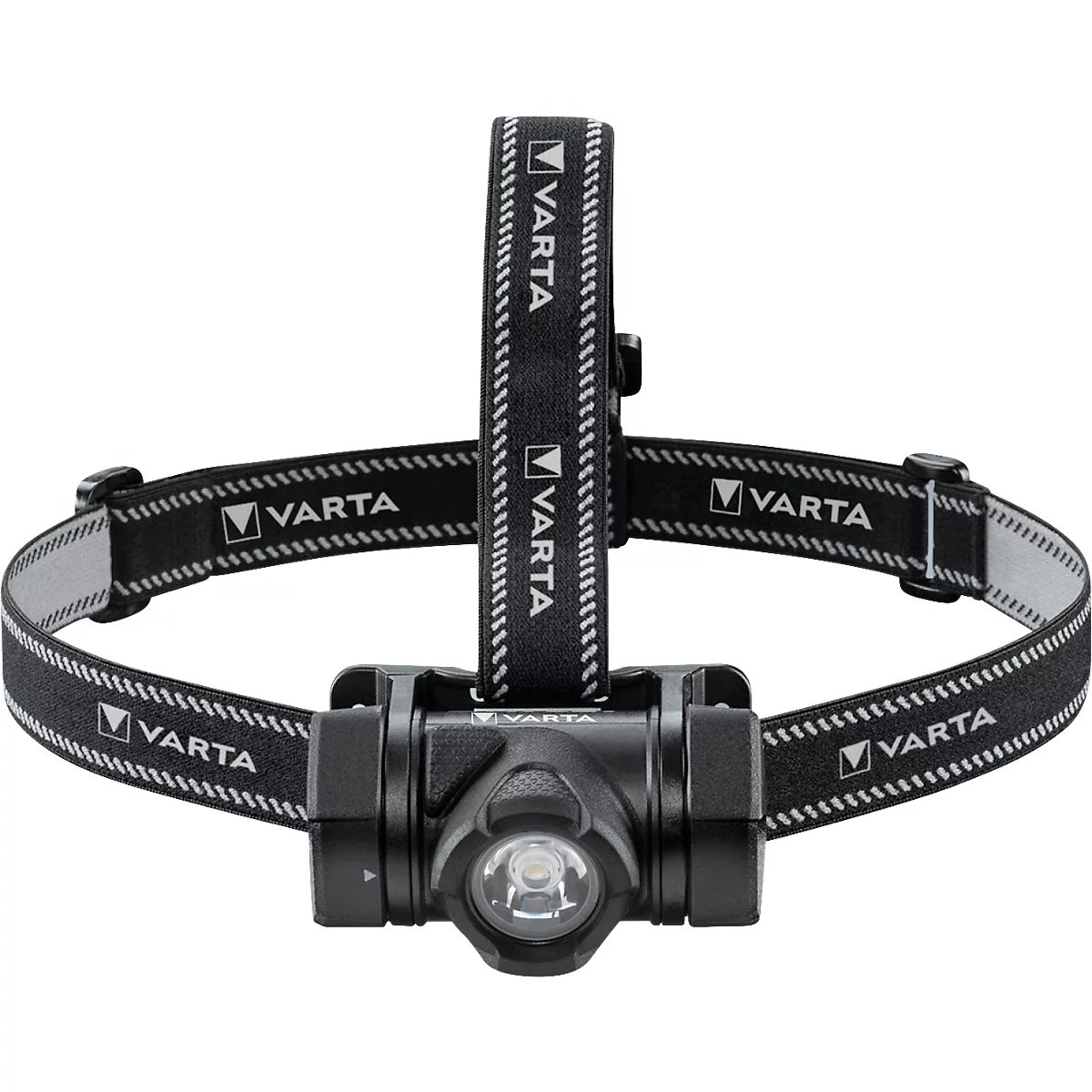 Black headlamp with white VARTA logos on the straps. The lamp has a round light. The headband is adjustable.