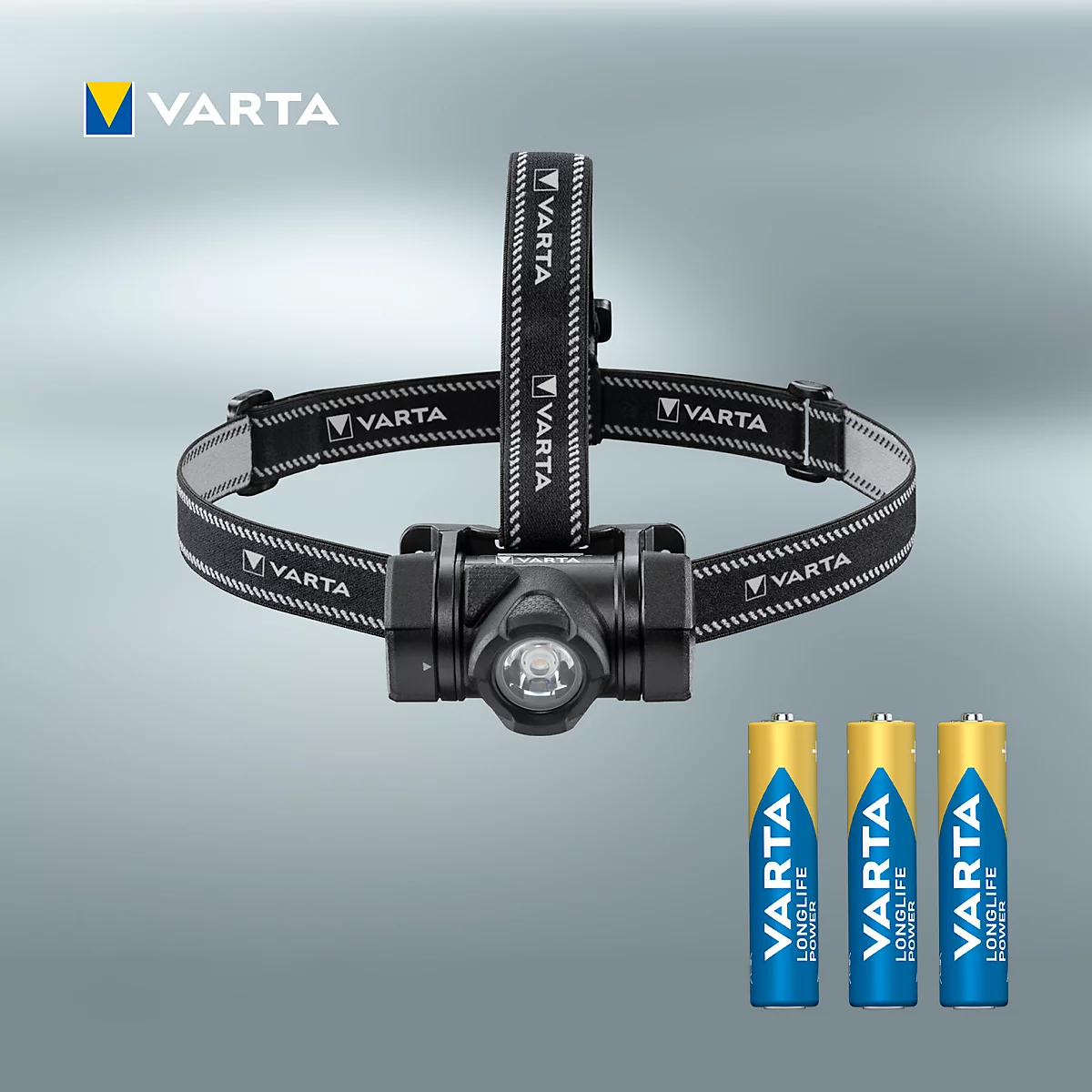 Black headlamp with VARTA logo and batteries on a gray background. The product is shown in detail.