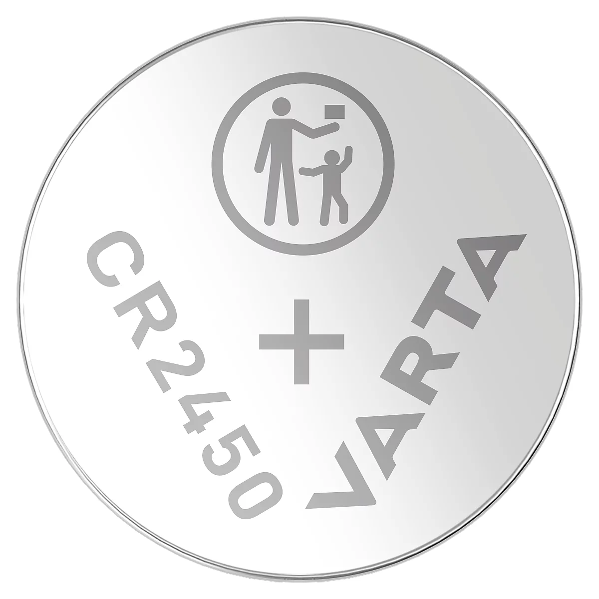 Knopfzelle mit Schriftzug CR2450, Pluszeichen, Varta Logo und Kindersicherungssymbol.