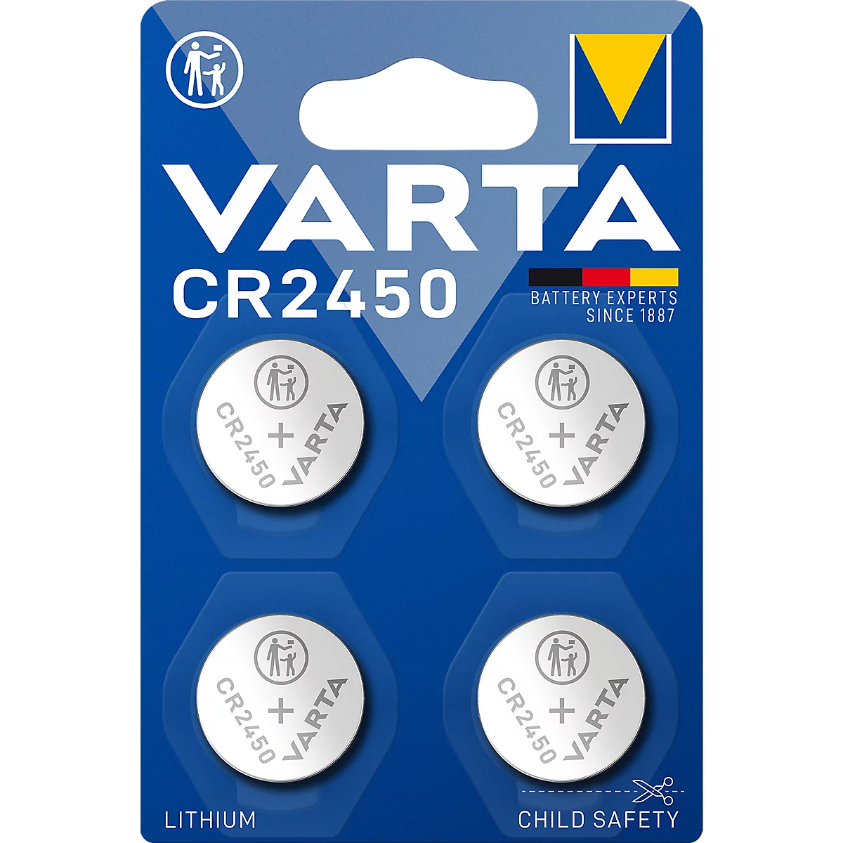Blisterpackung mit vier Lithium-Knopfzellen, Marke VARTA, Modell CR2450. Aufschrift: Lithium, Kindersicherheit.