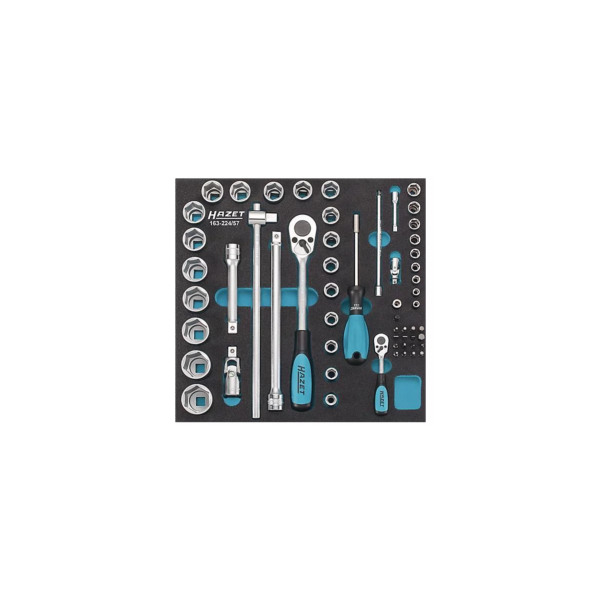 Jeu d'outils avec douilles, tournevis et accessoires. Insert noir avec supports bleus et logo HAZET.