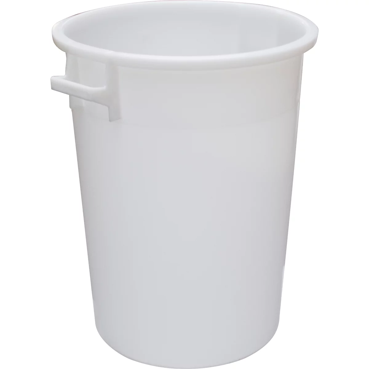 Een witte, cilindervormige emmer met handvat. De rand is verstevigd.