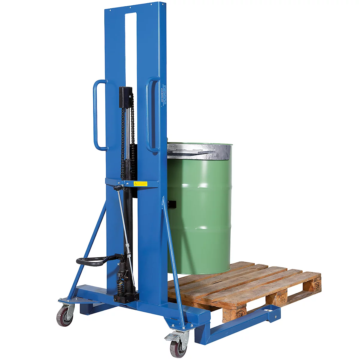 Vatenheffer asecos, met voetpomp, B 1200 x H 2135 x D 1100 mm, hefbereik 0 - 1170 mm, gelakt staal
