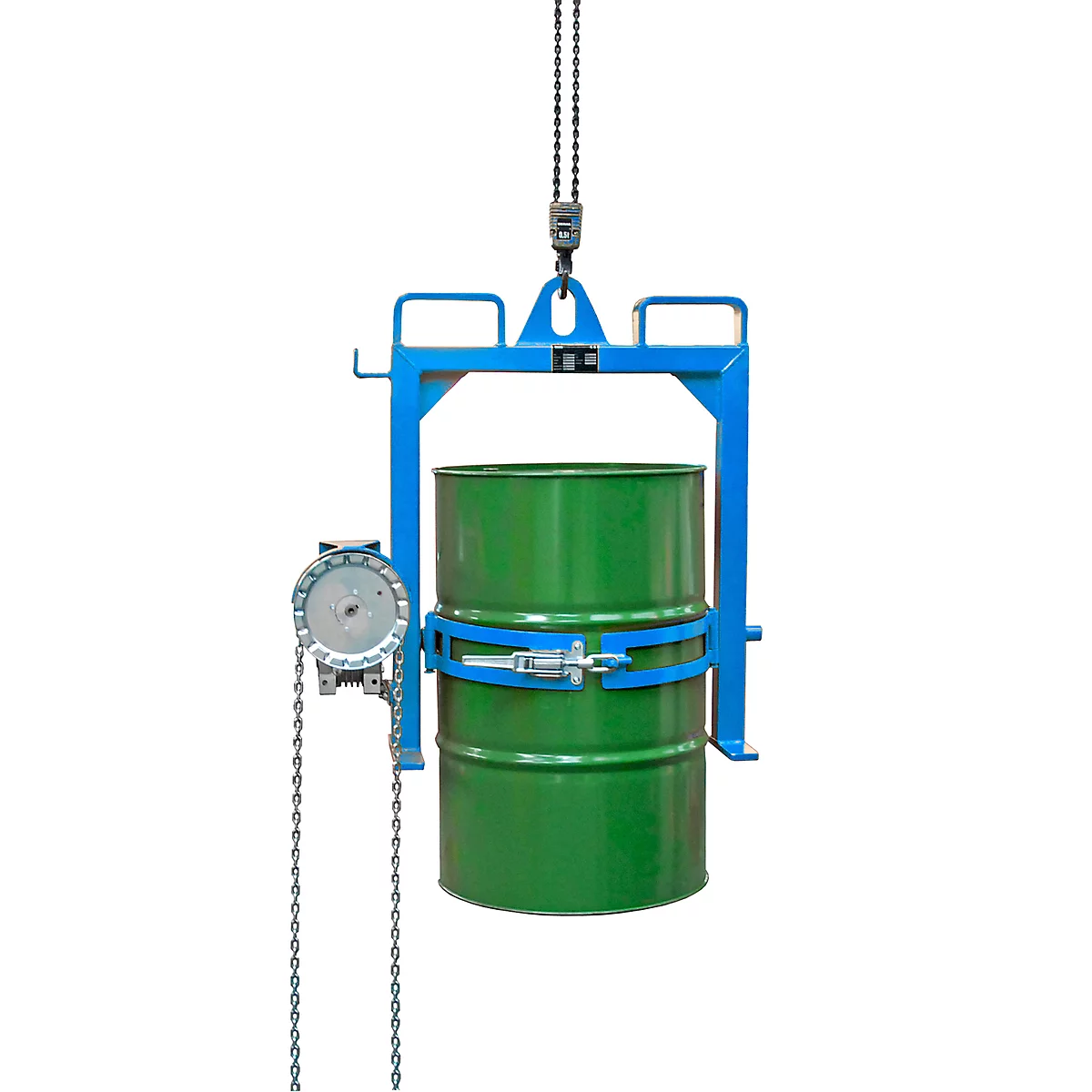 Vatenkantelaar BAUER FD-SK met ketting, staal, B 1020 x D 650 x H 1010 mm, blauw