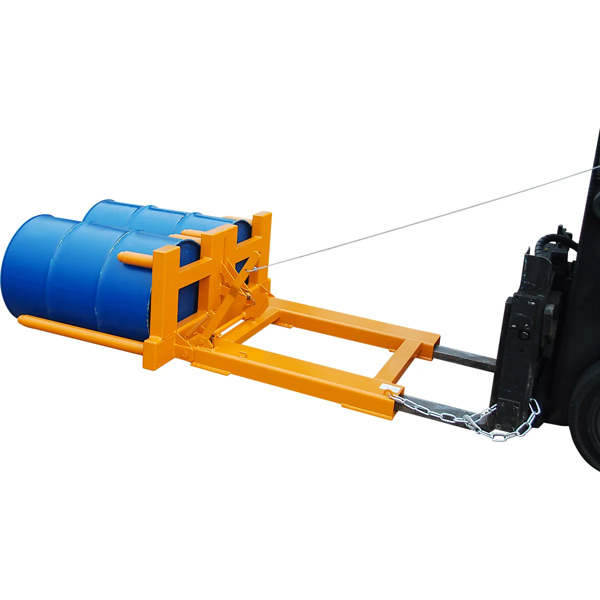 Vatenkantelaar Bauer type FW-II, voor 200 l vaten, 600 kg, kantelen d.m.v. staalkabel, vorkheftruck bevestiging, staal geel-oranje