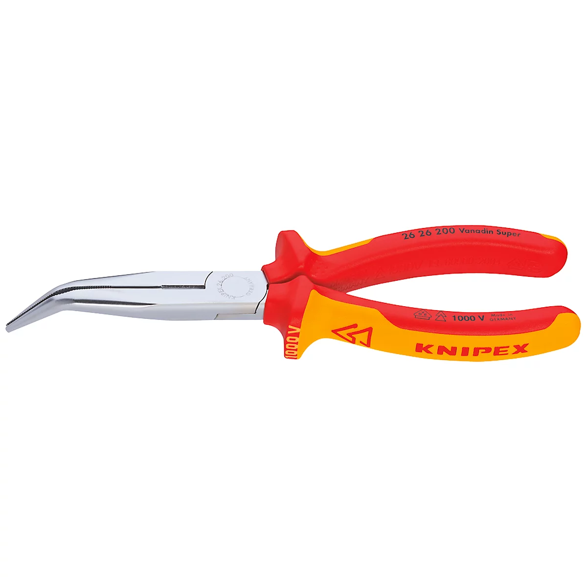 A Knipex long nose pliers with a curved tip and red and yellow two-tone handles. The brand name and specifications are printed on the handle.