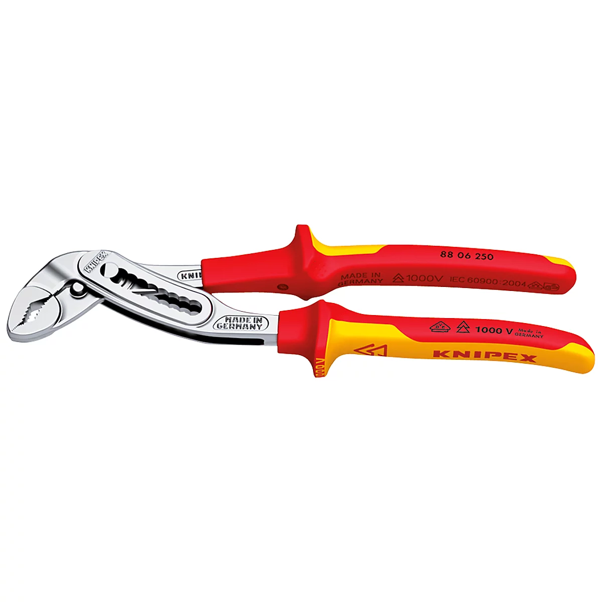 Water pump pliers with red and yellow handles. Markings include "KNIPEX", "Made in Germany" and "1000 V".