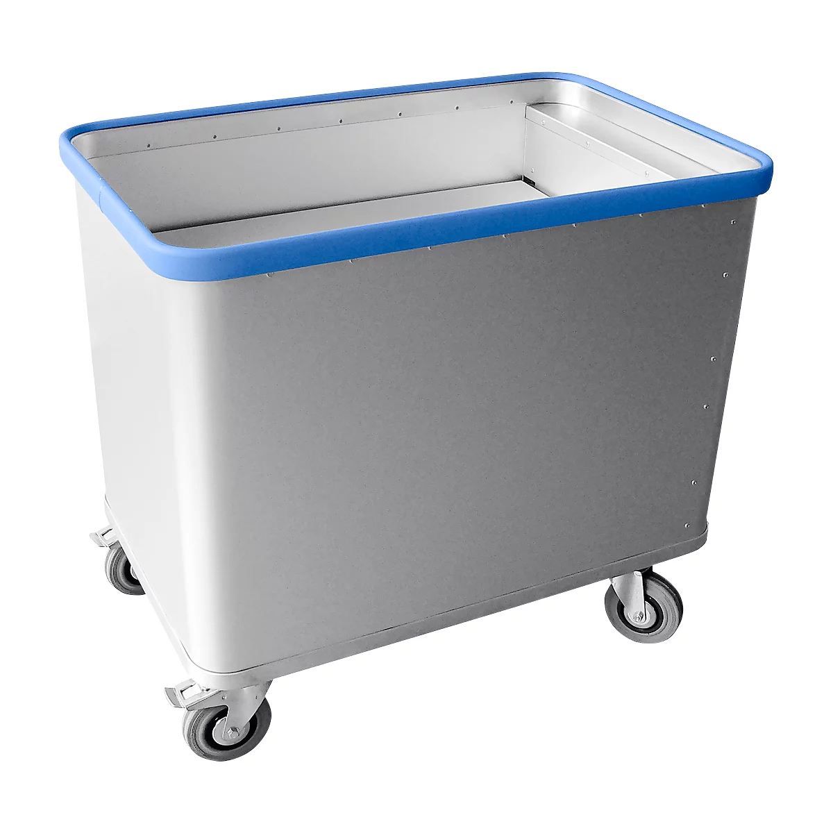 Grijze, rechthoekige transportwagen met vier wielen en een blauw frame. De mand is leeg.