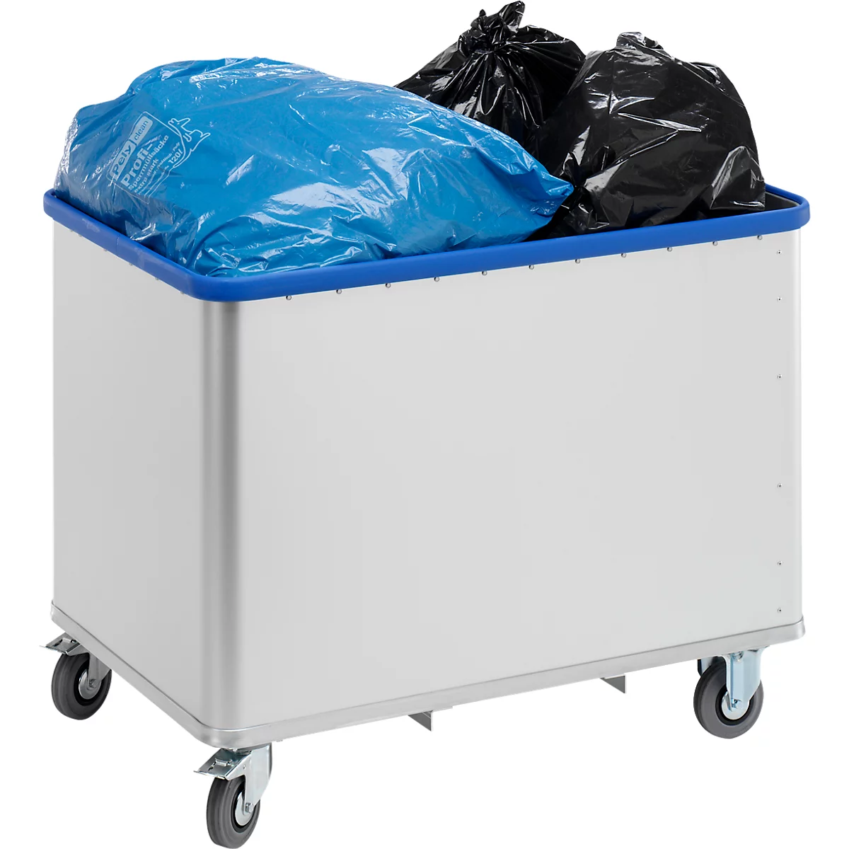 Grijze afvalbak met blauwe en zwarte vuilniszakken. Hij staat op wielen.