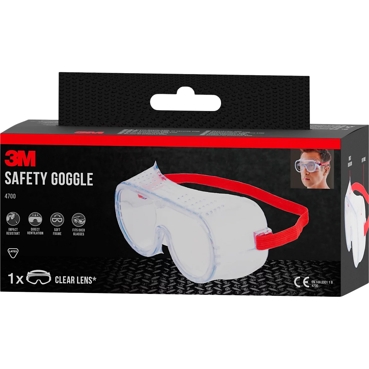 Veiligheidsbril en verpakking, met rode band. Opschrift: 3M SAFETY GOGGLE. Helder lensontwerp, afbeelding van een persoon met bril.