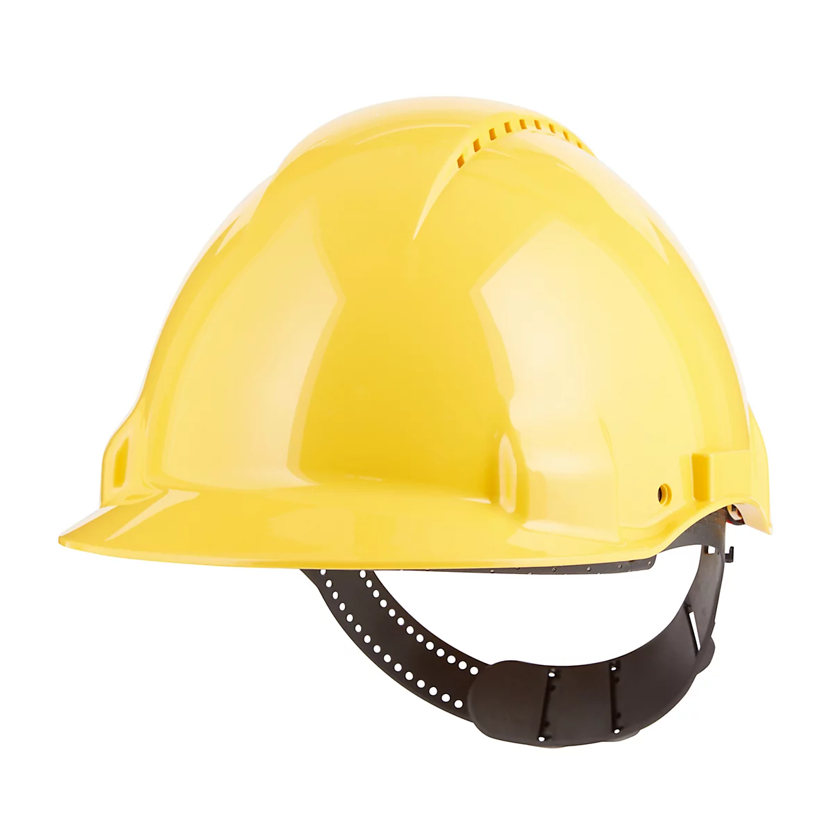 Gele veiligheidshelm, verpakt in transparante folie. Op de helm is een sticker met tekstinformatie bevestigd.