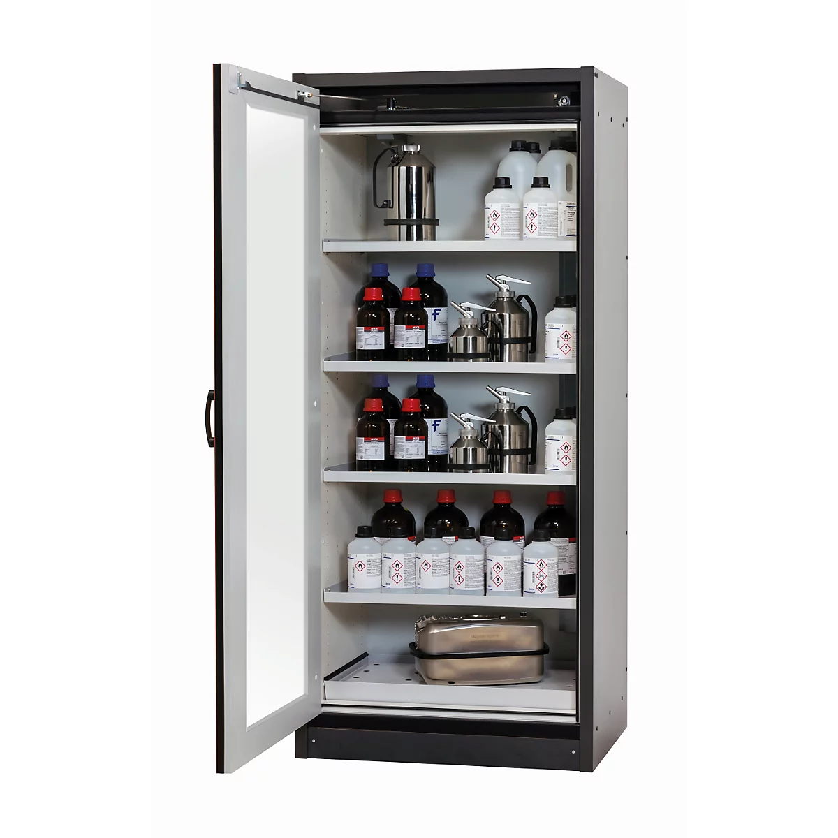 Veiligheidskast type 30 asecos Q-DISPLAY-30, scharnierende deur met glasuitsparing, links scharnier, voorzijde in verkeersrood, B 864 x D 620 x H 1947 mm