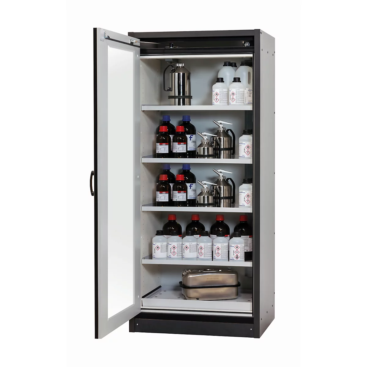 Veiligheidskast type 30 asecos Q-DISPLAY-30, scharnierende deur met glasuitsparing, linkshandig scharnier, front lichtgrijs, B 864 x D 620 x H 1947 mm
