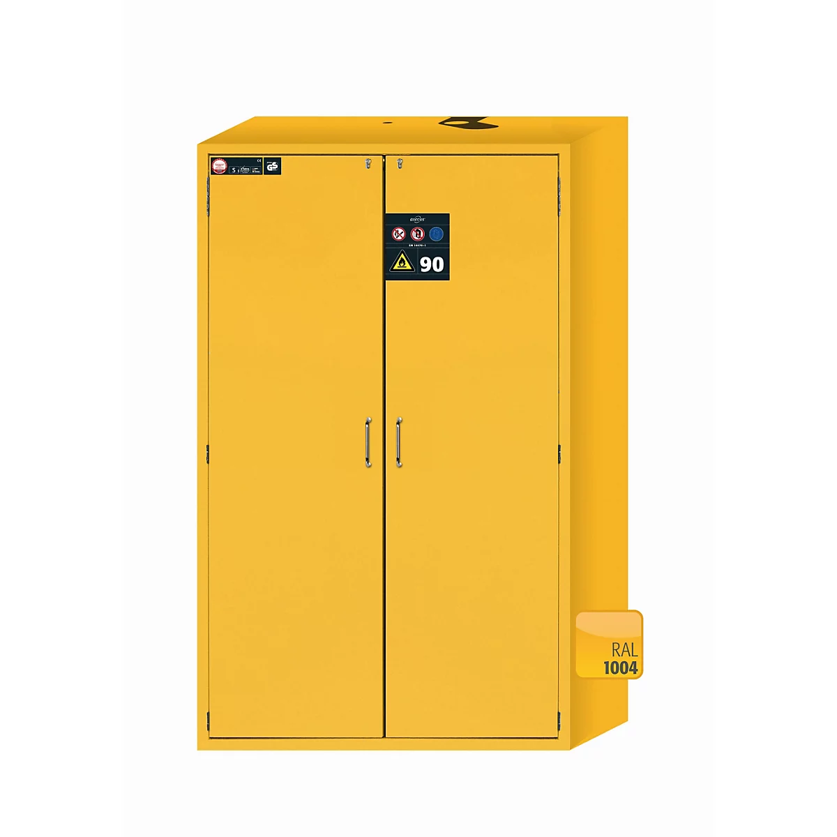 Gele veiligheidskast met dubbele deuren, een zwart waarschuwingsbord en de tekst 'RAL 1004'.
