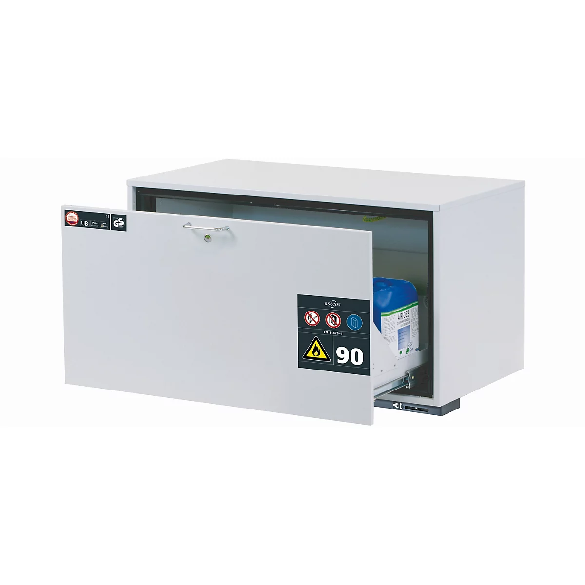 Witte veiligheidskast, deur open. Binnenin staat een container. Op de deur waarschuwingsborden met "90".