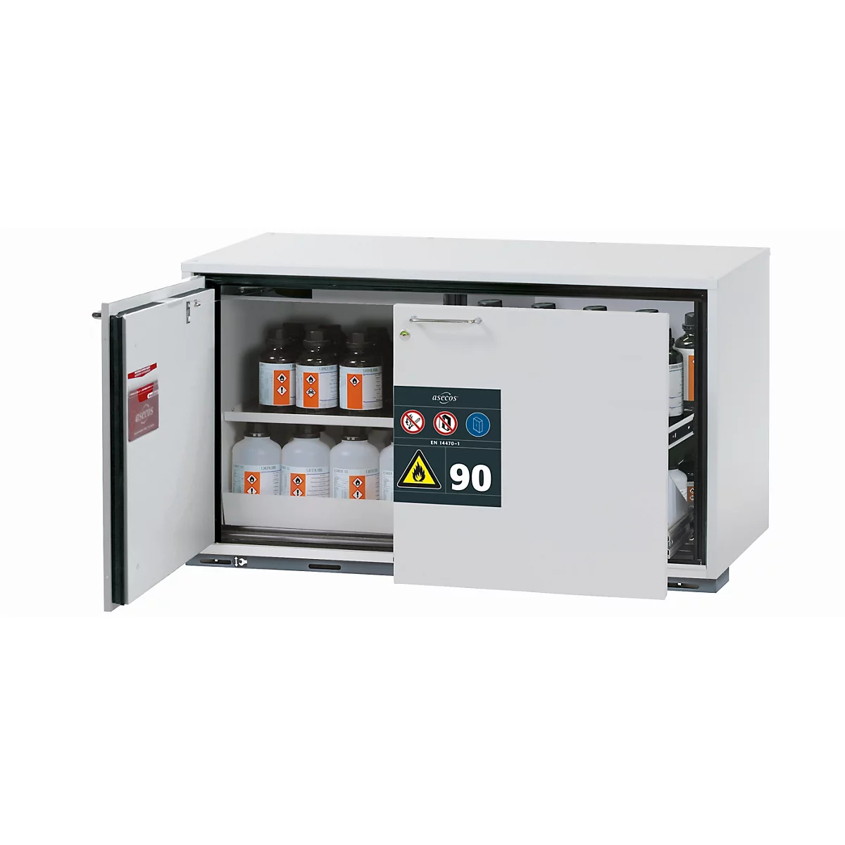 Veiligheidskast type 90 asecos UB-ST-90, 1 lade, 1 draaideur, links scharnierend, front lichtgrijs, B 1102 x D 574 x H 600 mm