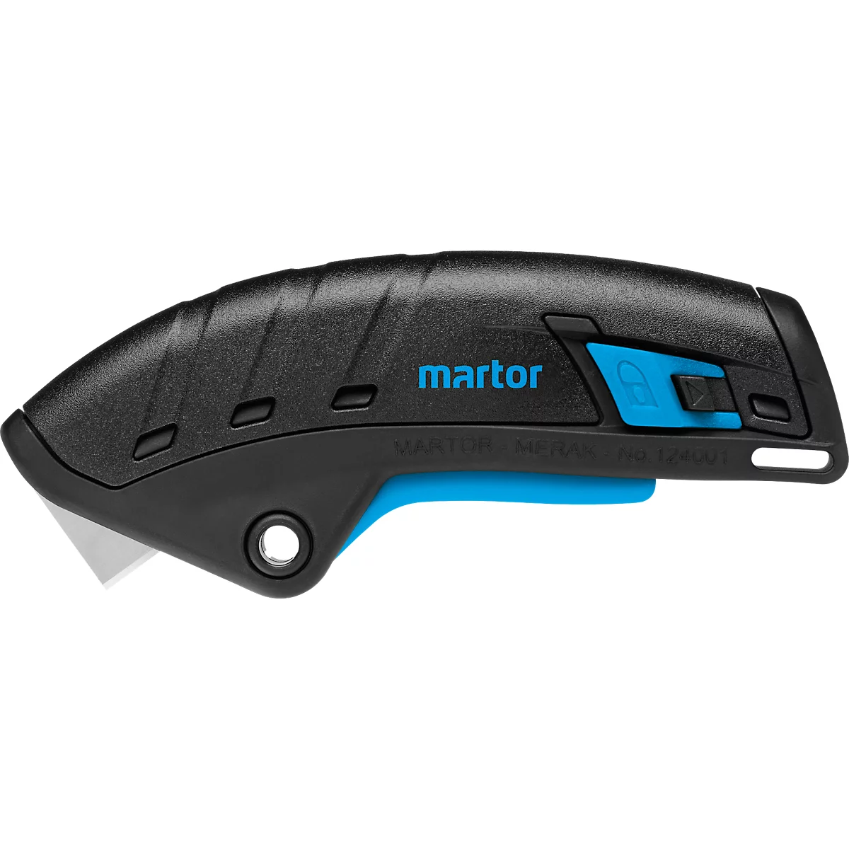 Veiligheidsmes Martor Secupro Merak, ergonomisch, veiligheidsknop, met bevestigingslus, L 128 x B 18 x H 50 mm, staal/GRP, blauw-zwart