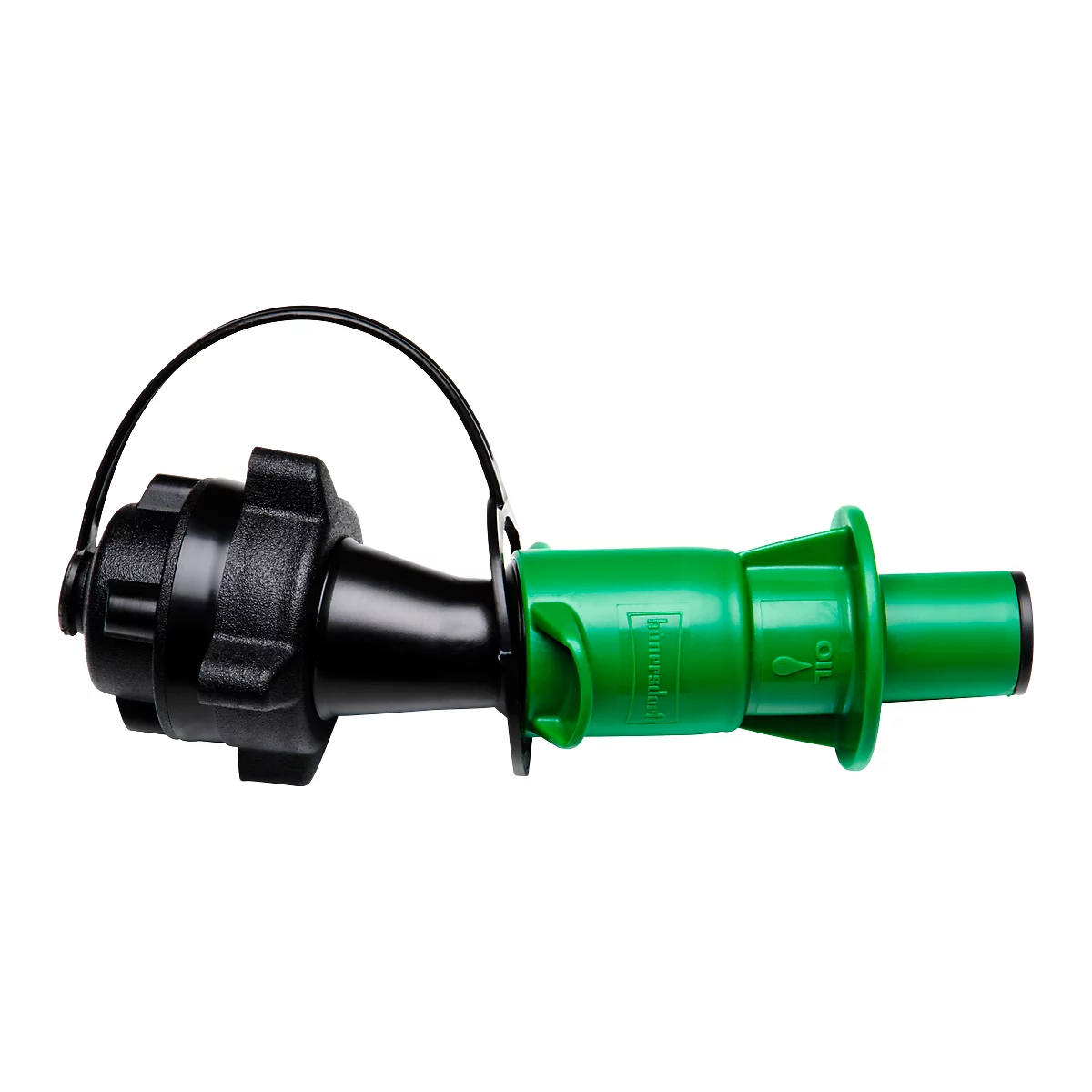 Close-up van een groen en zwart plastic olievulhals met een zwarte dop en zwarte riem.