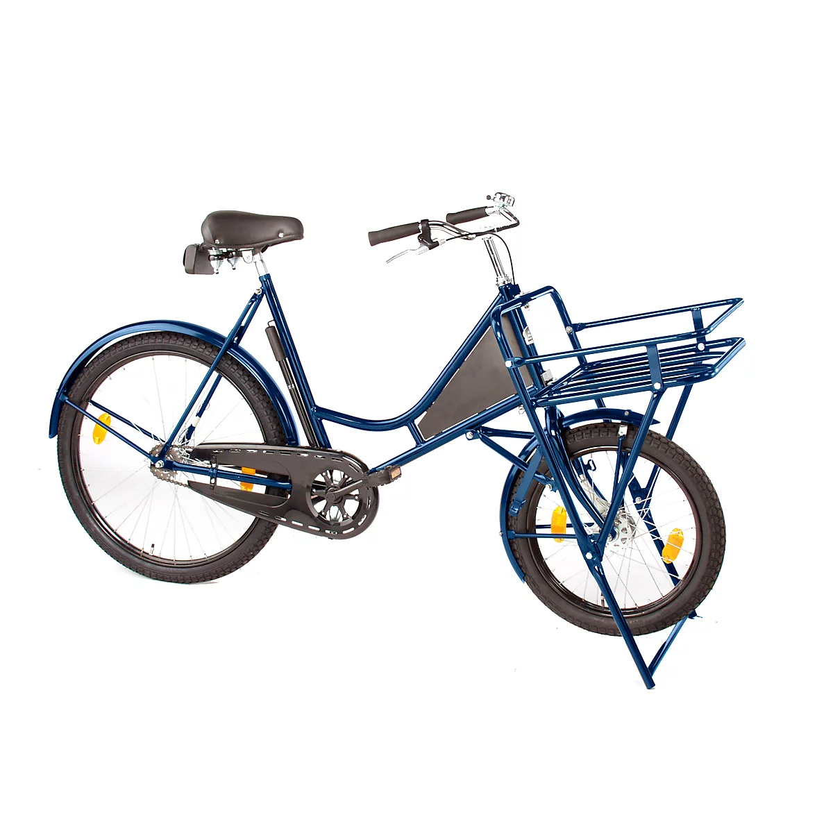 Vélo de transport, cadre en acier, avec porte-charge avant, béquille pour roue avant, bleu