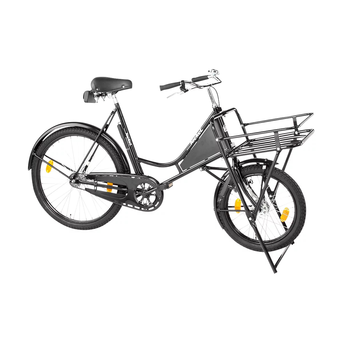 Vélo de transport, cadre en acier, avec porte-charge avant, béquille pour roue avant, noir