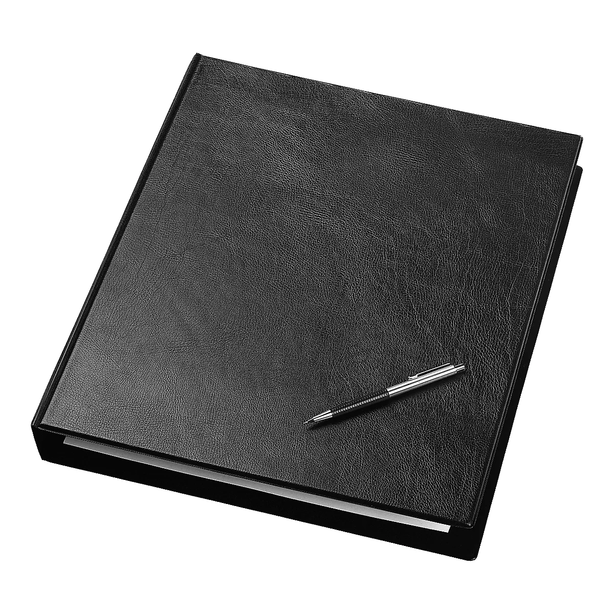 Classeur en cuir noir avec stylo. Le classeur est à moitié ouvert, avec des feuilles en dessous.