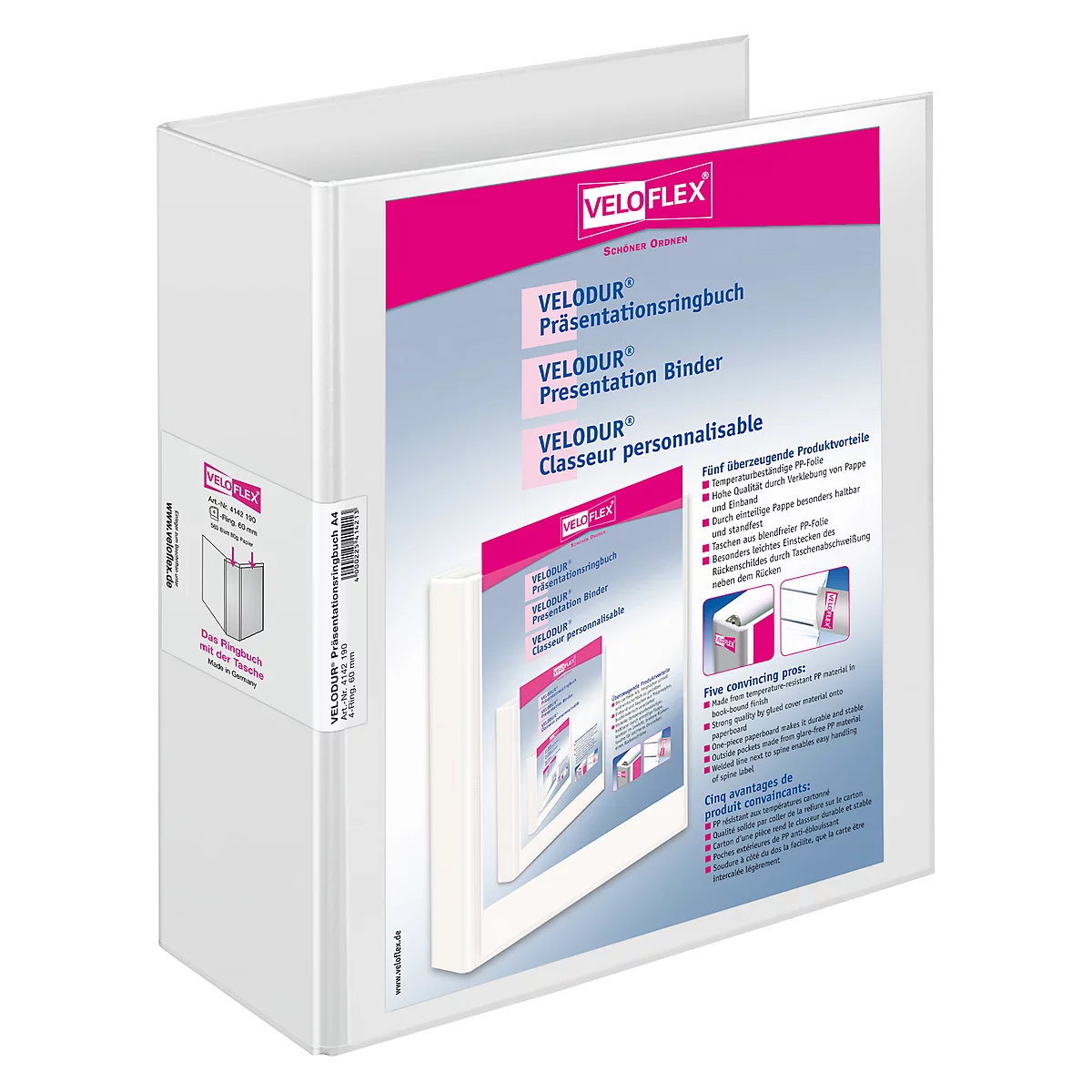 Classeur de présentation blanc avec étiquette et texte roses. Une illustration du produit est visible sur la couverture.