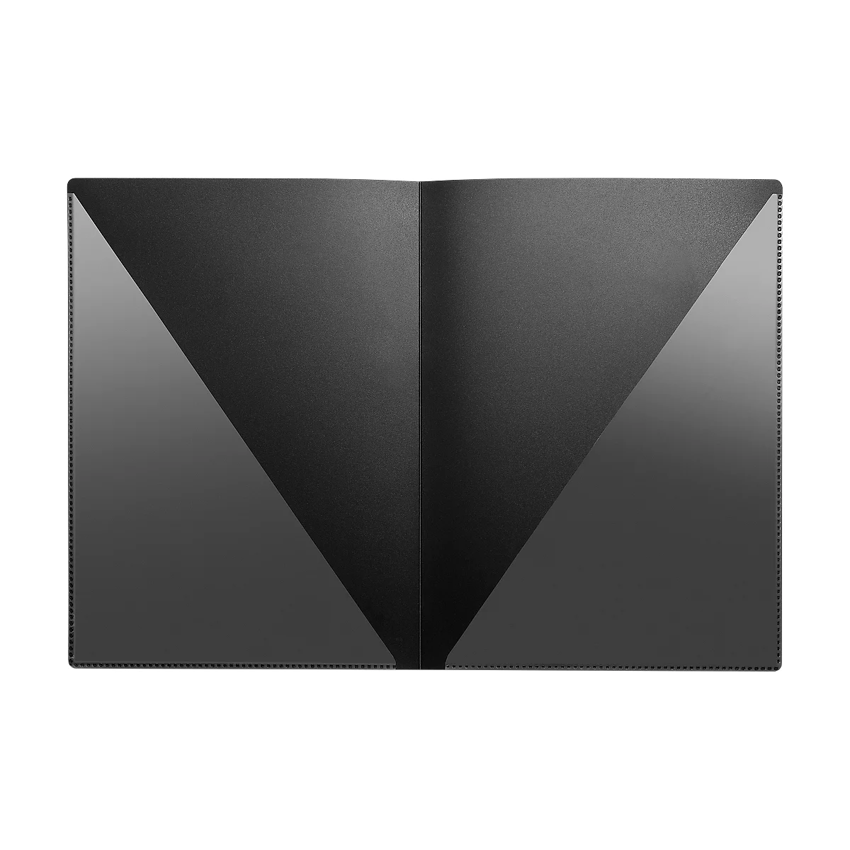 Opened black presentation folder with a triangular design inside. The texture is smooth and glossy.